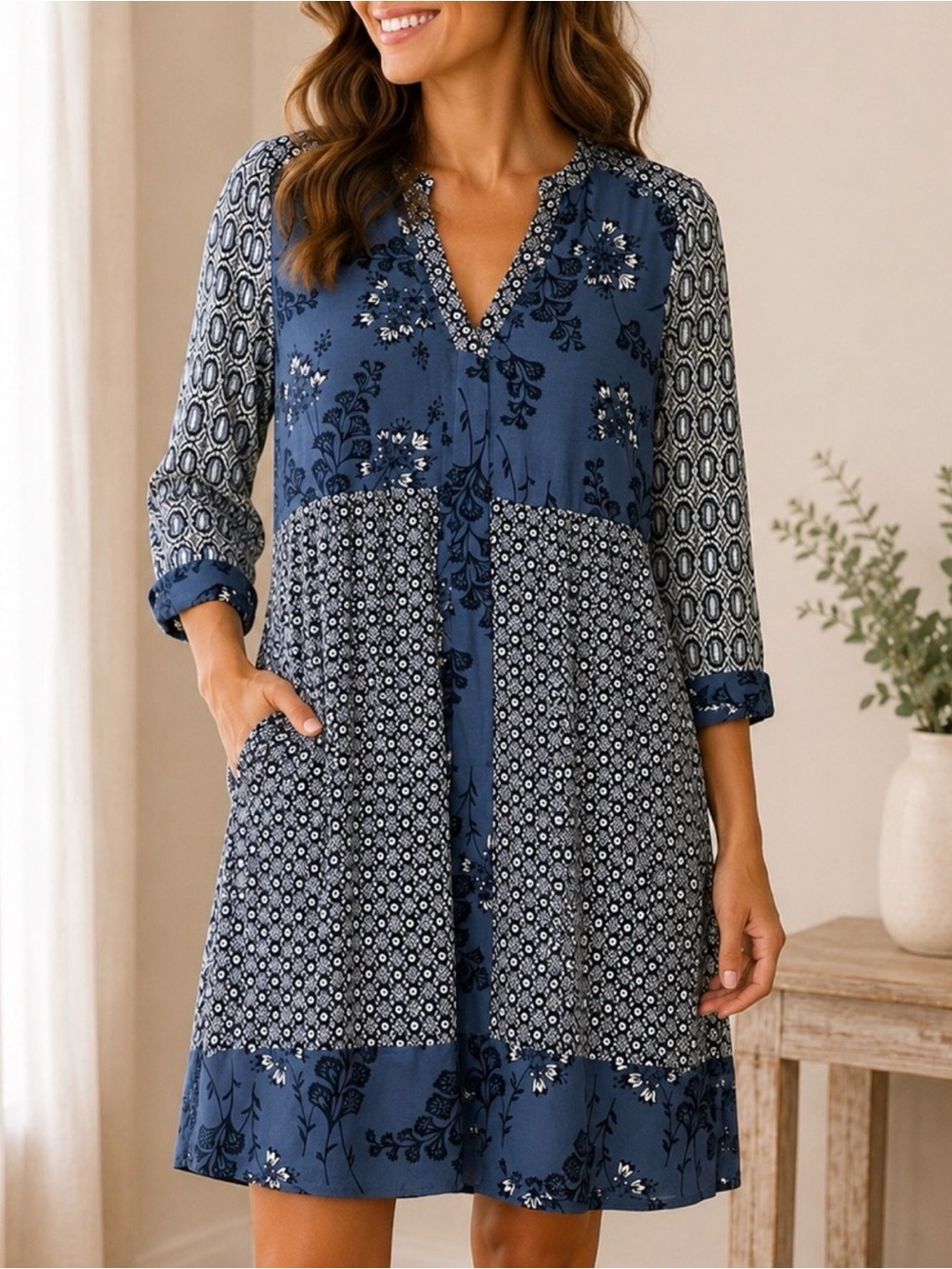 Boden Mollie Dress Blue Floral Mixed Print Tunic Sz 2 (No tag)